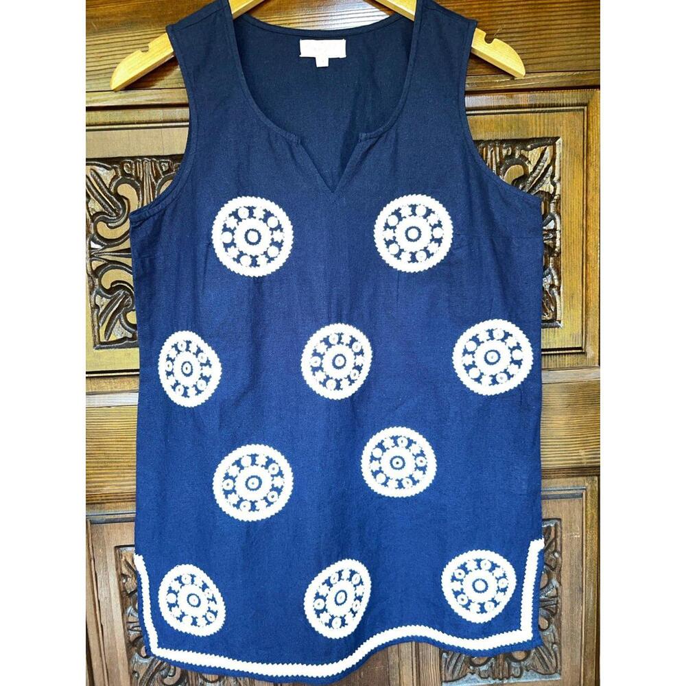 Mud Pie Women's Gigi Embroidered Sleeveless Summer Beach Tunic Navy‎ Small